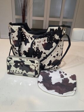 Sam & Hadley Western Cow Print Tote, Crossbody Wallet & Dust Bag 3pc Set